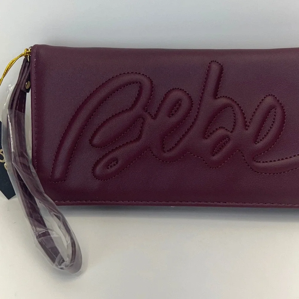 BEBE Louisa Trifold Wallet Multi Slots Embossed Logo Wristlet Clutch Purple NEW